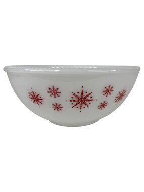 VTG McKee Bowl White Milk Glass‎ Red Snowflakes Punch Mixing Serving Beaded Edge